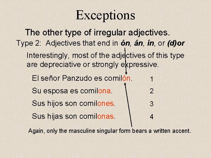 Exceptions The other type of irregular adjectives. Type 2: Adjectives that end in ón,