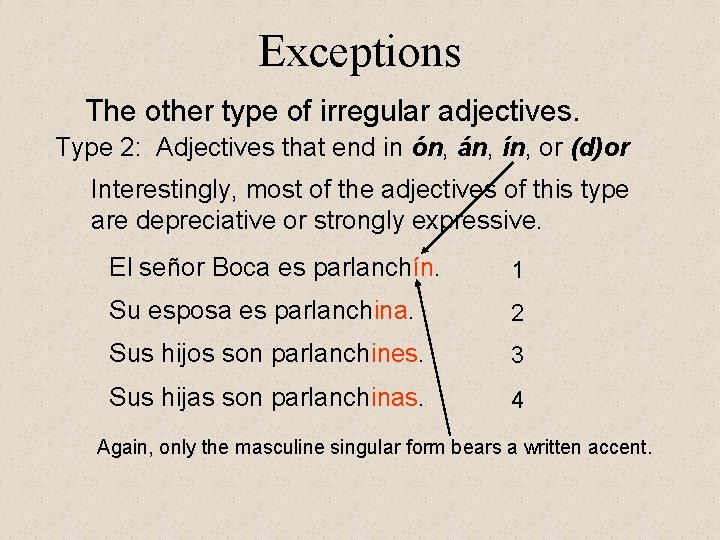 Exceptions The other type of irregular adjectives. Type 2: Adjectives that end in ón,