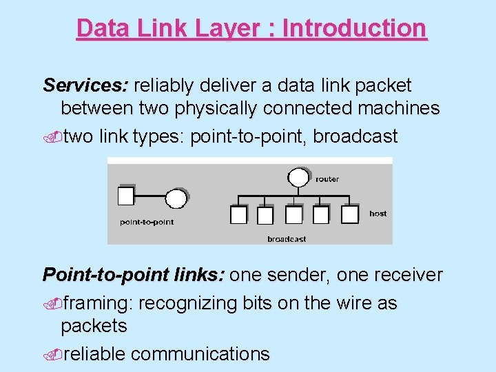 Data Link Layer : Introduction Services: reliably deliver a data link packet between two