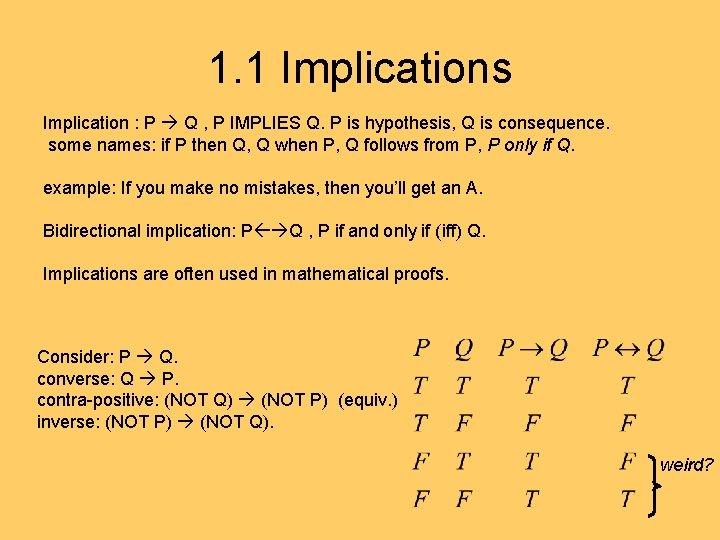 1. 1 Implications Implication : P Q , P IMPLIES Q. P is hypothesis,