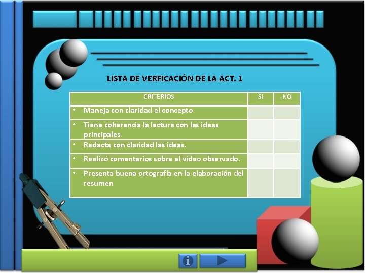 LISTA DE VERFICACIÓN DE LA ACT. 1 CRITERIOS SI NO • Maneja con claridad