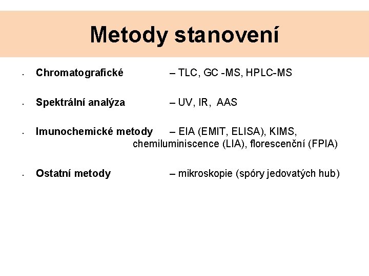 Metody stanovení • Chromatografické – TLC, GC -MS, HPLC-MS • Spektrální analýza – UV,