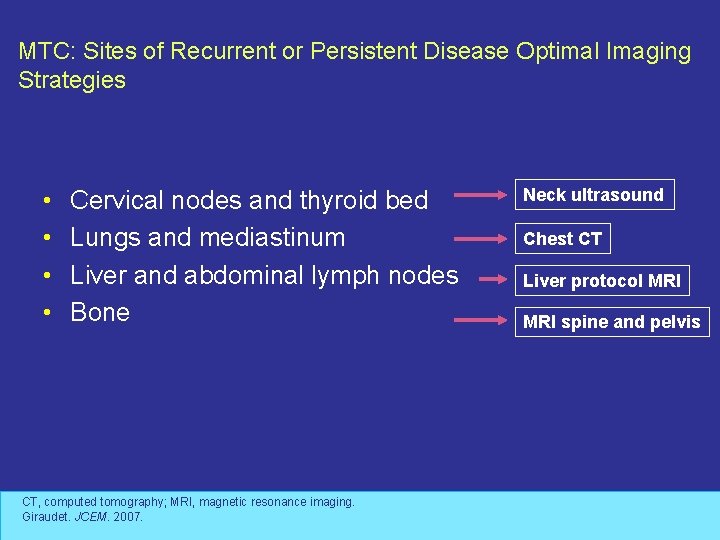 MTC: Sites of Recurrent or Persistent Disease Optimal Imaging Strategies • • Cervical nodes