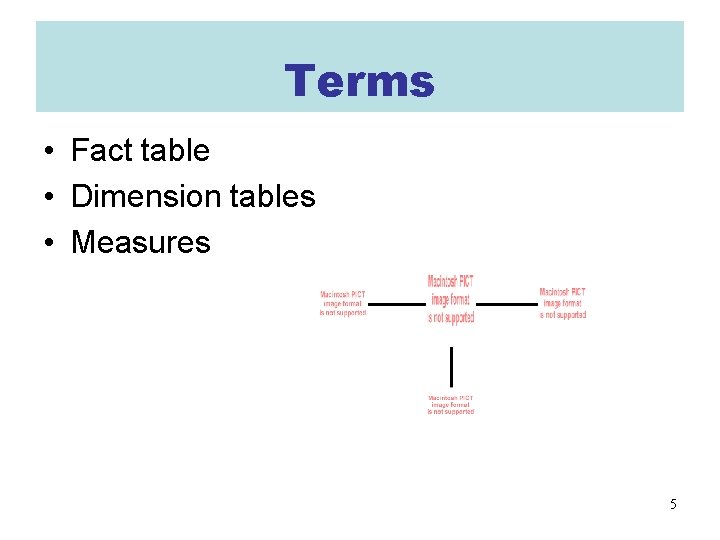 Terms • Fact table • Dimension tables • Measures 5 