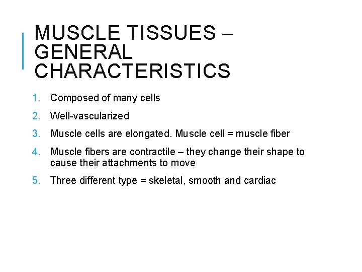 MUSCLE TISSUES – GENERAL CHARACTERISTICS 1. Composed of many cells 2. Well-vascularized 3. Muscle