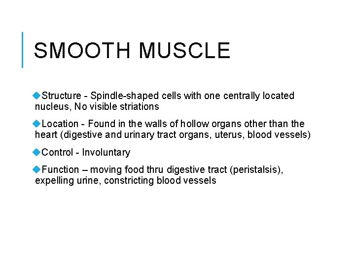 SMOOTH MUSCLE u. Structure - Spindle-shaped cells with one centrally located nucleus, No visible
