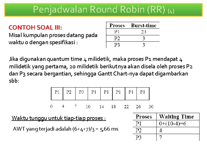 Penjadwalan Round Robin (RR) [4] CONTOH SOAL III: Misal kumpulan proses datang pada waktu