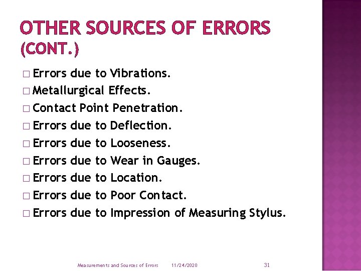 OTHER SOURCES OF ERRORS (CONT. ) � Errors due to Vibrations. � Metallurgical Effects.