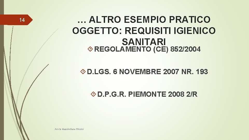 14 … ALTRO ESEMPIO PRATICO OGGETTO: REQUISITI IGIENICO SANITARI REGOLAMENTO (CE) 852/2004 D. LGS.