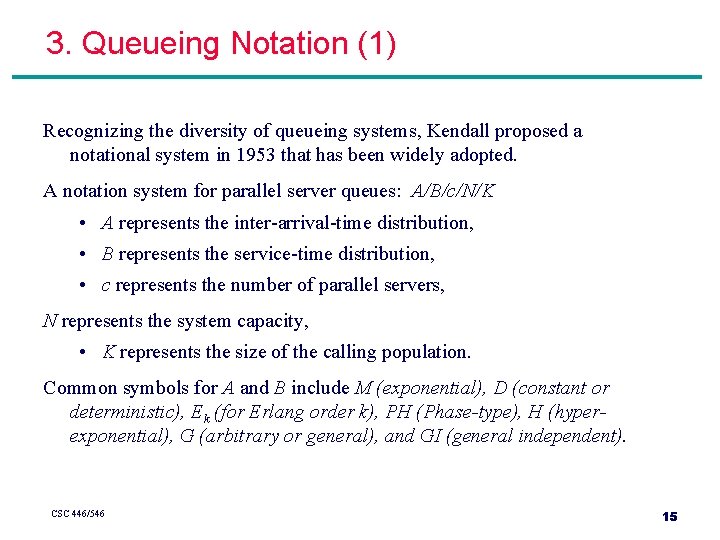 3. Queueing Notation (1) Recognizing the diversity of queueing systems, Kendall proposed a notational 3. Queueing Notation (1) Recognizing the diversity of queueing systems, Kendall proposed a notational