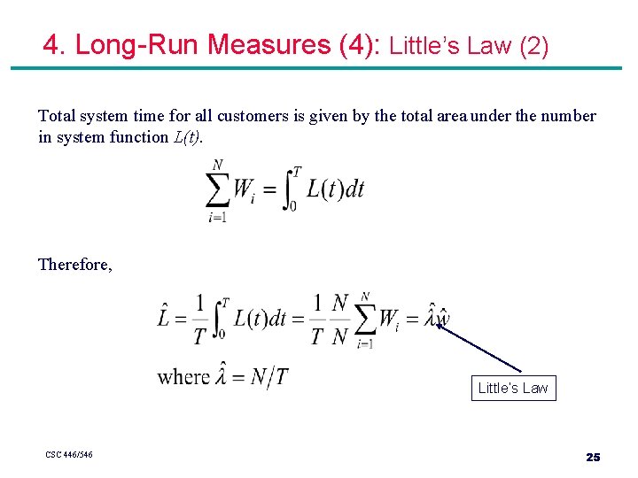 4. Long-Run Measures (4): Little’s Law (2) Total system time for all customers is 4. Long-Run Measures (4): Little’s Law (2) Total system time for all customers is