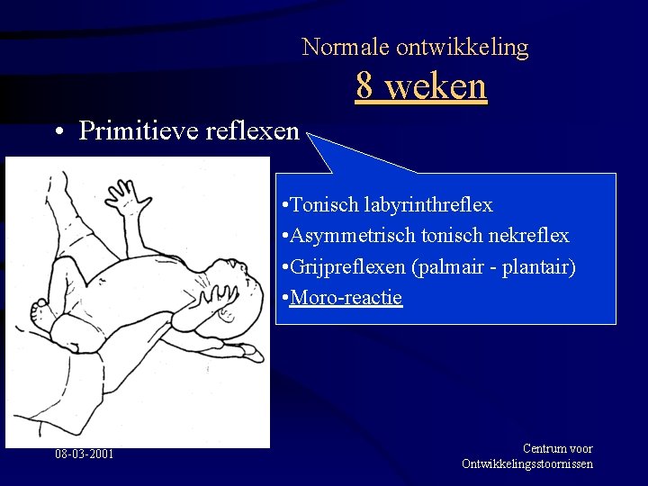 Normale ontwikkeling 8 weken • Primitieve reflexen • Tonisch labyrinthreflex • Asymmetrisch tonisch nekreflex