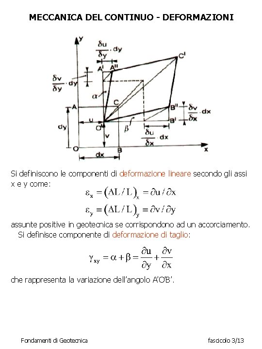 MECCANICA DEL CONTINUO - DEFORMAZIONI Si definiscono le componenti di deformazione lineare secondo gli