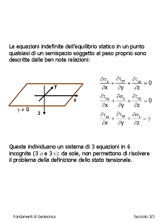 Le equazioni indefinite dell’equilibrio statico in un punto qualsiasi di un semispazio soggetto al