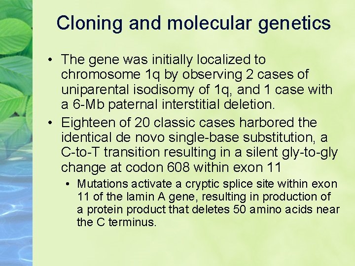 Cloning and molecular genetics • The gene was initially localized to chromosome 1 q