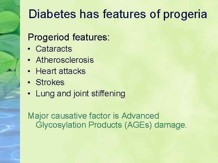 Diabetes has features of progeria Progeriod features: • • • Cataracts Atherosclerosis Heart attacks