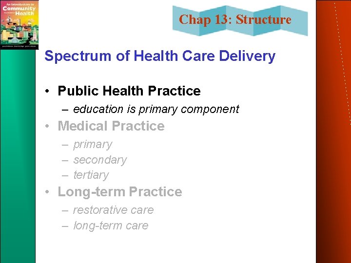 Chap 13: Structure Spectrum of Health Care Delivery • Public Health Practice – education