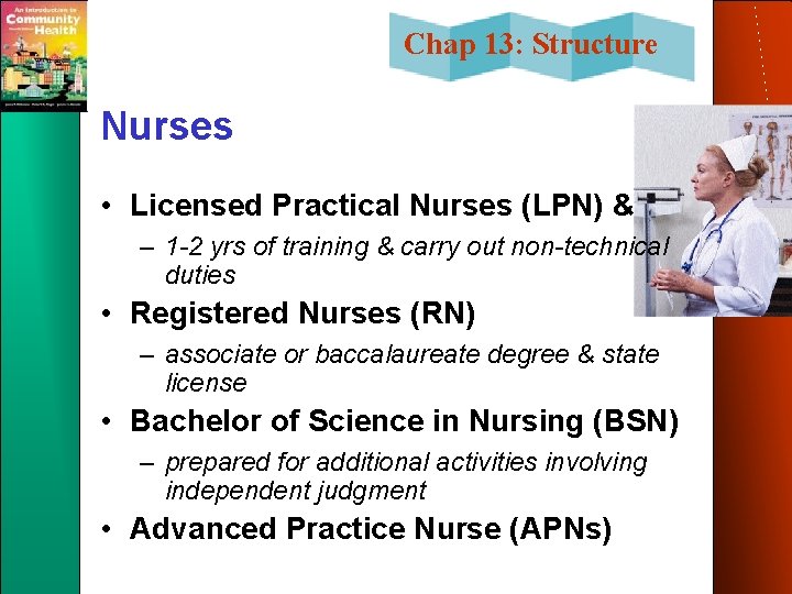 Chap 13: Structure Nurses • Licensed Practical Nurses (LPN) & – 1 -2 yrs