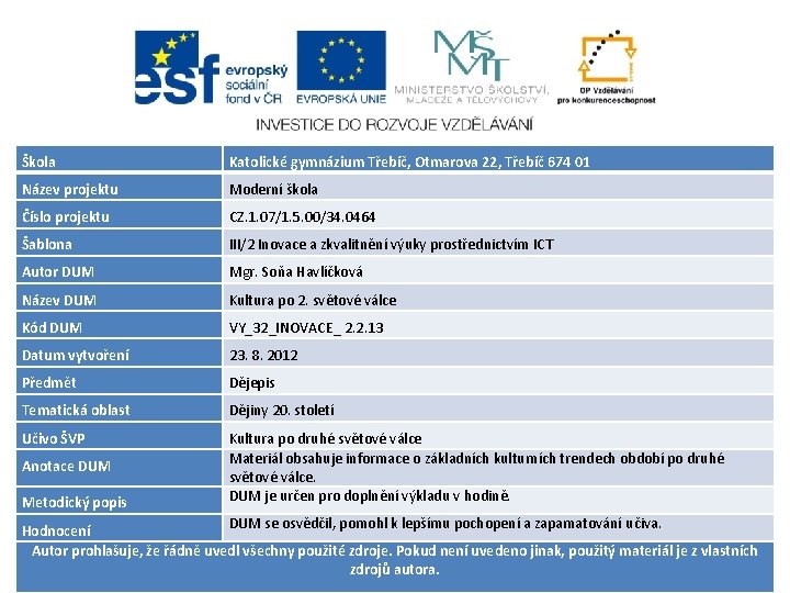 Škola Katolické gymnázium Třebíč, Otmarova 22, Třebíč 674 01 Název projektu Moderní škola Číslo