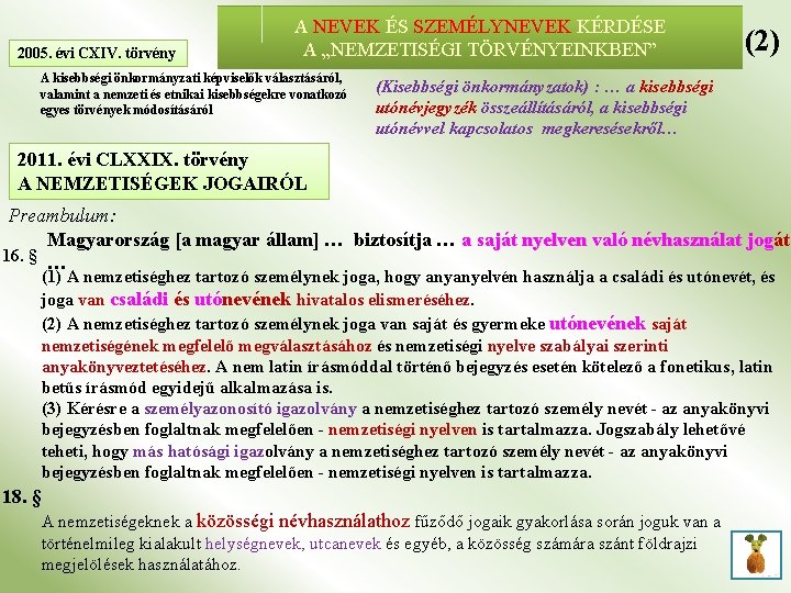 2005. évi CXIV. törvény A NEVEK ÉS SZEMÉLYNEVEK KÉRDÉSE A „NEMZETISÉGI TÖRVÉNYEINKBEN” A kisebbségi