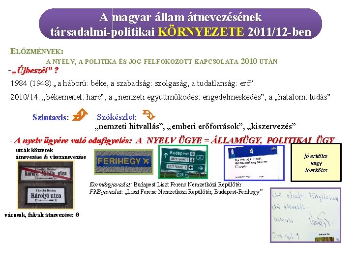 A magyar állam átnevezésének társadalmi-politikai KÖRNYEZETE 2011/12 -ben ELŐZMÉNYEK: A NYELV, A POLITIKA ÉS