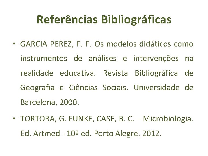 Referências Bibliográficas • GARCIA PEREZ, F. F. Os modelos didáticos como instrumentos de análises