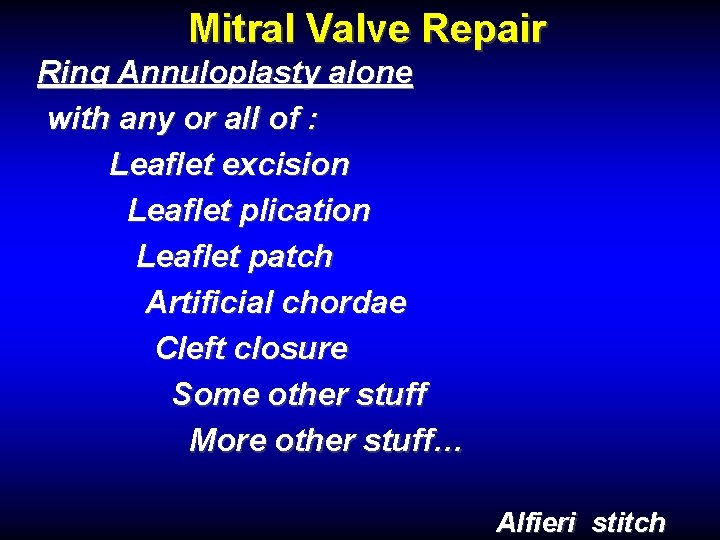 Mitral Valve Repair Ring Annuloplasty alone with any or all of : Leaflet excision