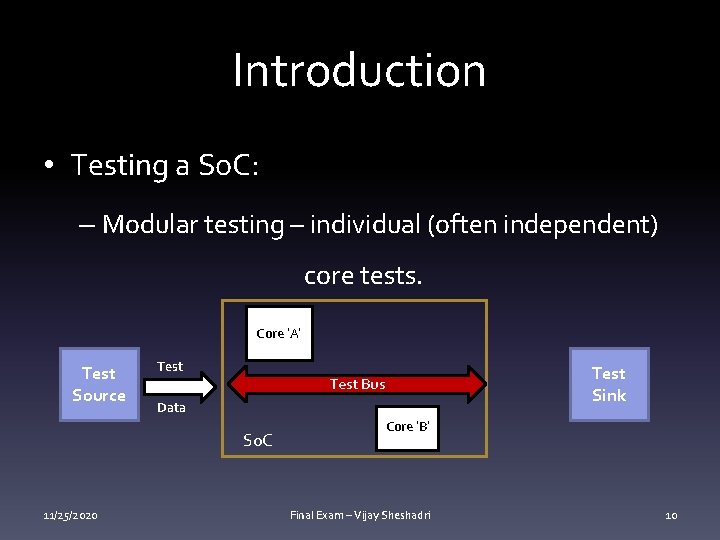 Introduction • Testing a So. C: – Modular testing – individual (often independent) core