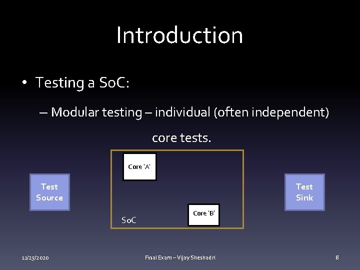 Introduction • Testing a So. C: – Modular testing – individual (often independent) core