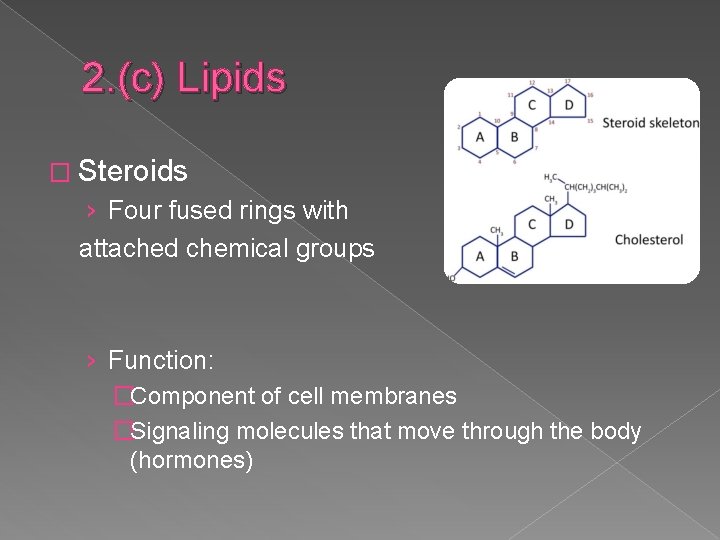2. (c) Lipids � Steroids › Four fused rings with attached chemical groups ›