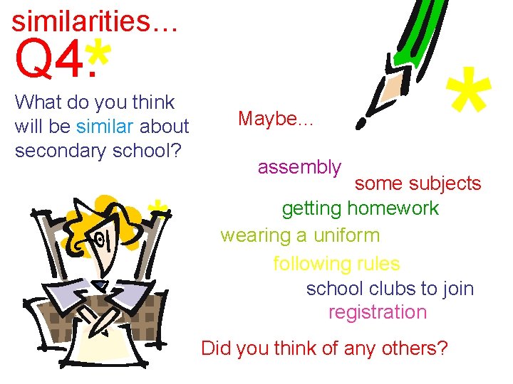 similarities… Q 4. What do you think will be similar about secondary school? Maybe… similarities… Q 4. What do you think will be similar about secondary school? Maybe…