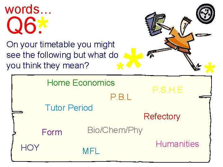 words… Q 6. On your timetable you might see the following but what do words… Q 6. On your timetable you might see the following but what do