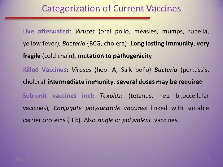 Categorization of Current Vaccines • Live attenuated: Viruses (oral polio, measles, mumps, rubella, yellow