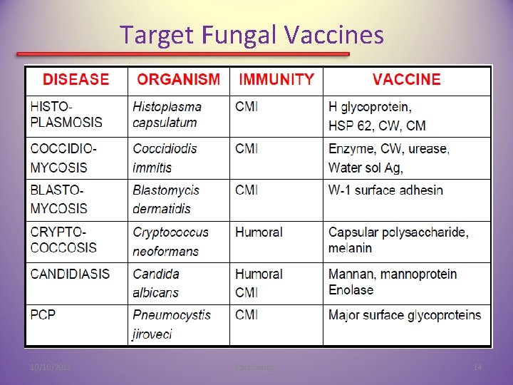 Target Fungal Vaccines 10/10/2011 Vaccinology. 14 