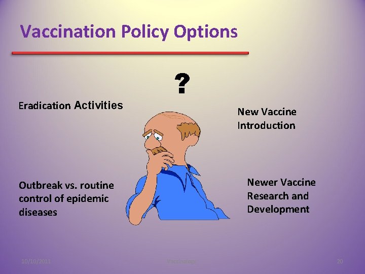 Vaccination Policy Options Eradication Activities ? New Vaccine Introduction Newer Vaccine Research and Development