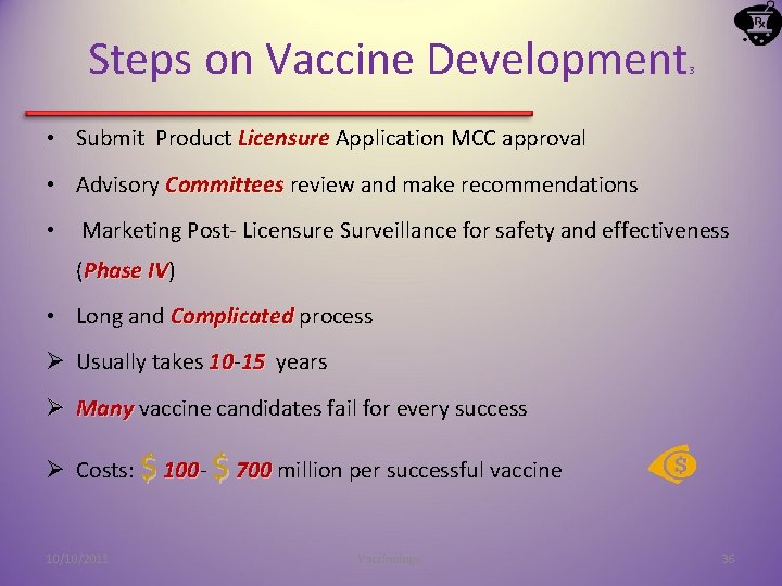 Steps on Vaccine Development 3 • Submit Product Licensure Application MCC approval • Advisory