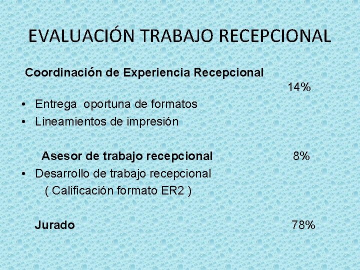 EVALUACIÓN TRABAJO RECEPCIONAL Coordinación de Experiencia Recepcional 14% • Entrega oportuna de formatos •