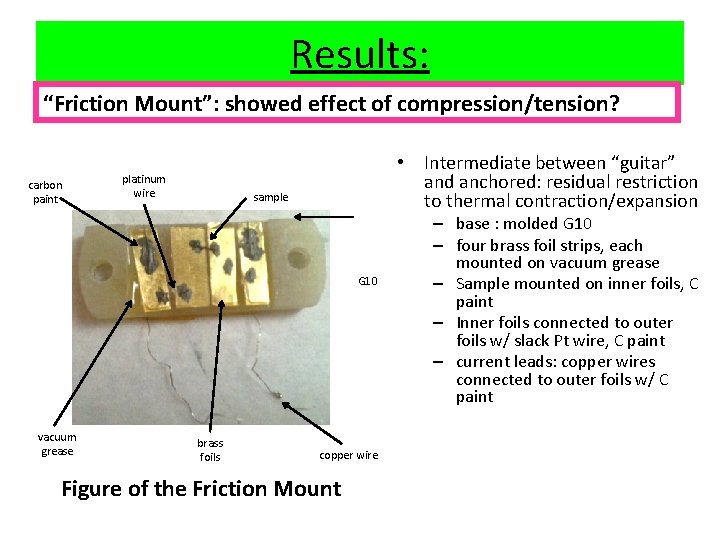 Results: “Friction Mount”: showed effect of compression/tension? carbon paint platinum wire • Intermediate between