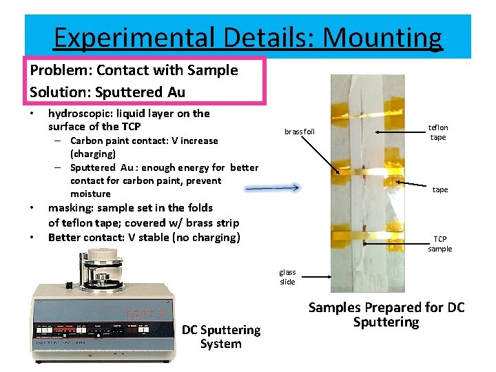 Experimental Details: Mounting Problem: Contact with Sample Solution: Sputtered Au • hydroscopic: liquid layer