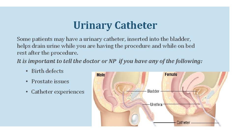 Urinary Catheter Some patients may have a urinary catheter, inserted into the bladder, helps Urinary Catheter Some patients may have a urinary catheter, inserted into the bladder, helps