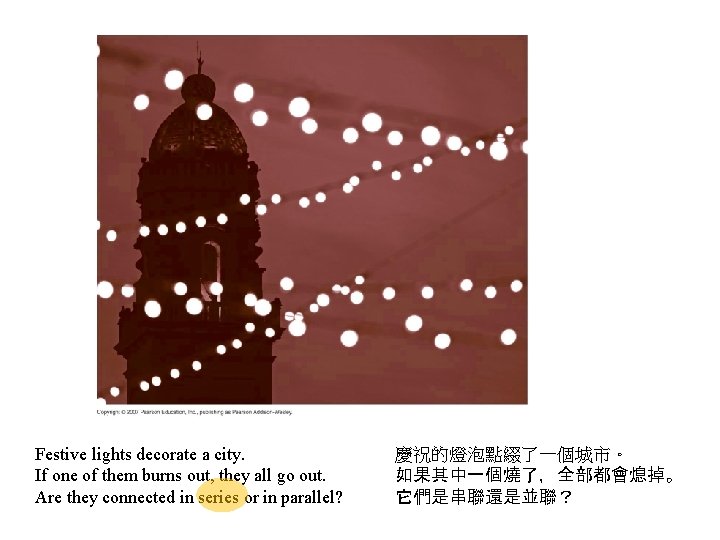 Festive lights decorate a city. If one of them burns out, they all go
