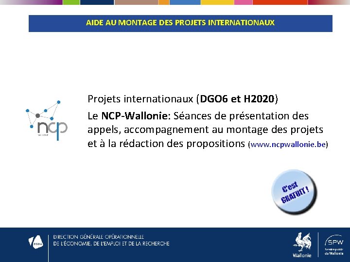 AIDE AU MONTAGE DES PROJETS INTERNATIONAUX Projets internationaux (DGO 6 et H 2020) Le