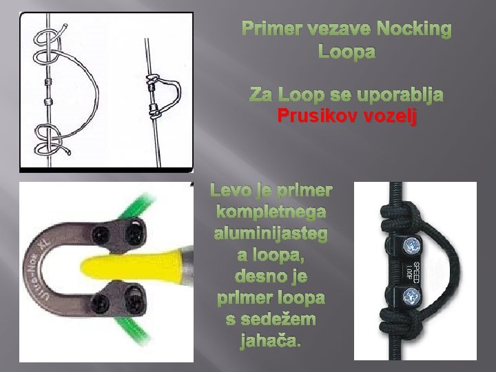 Primer vezave Nocking Loopa Za Loop se uporablja Prusikov vozelj Levo je primer kompletnega