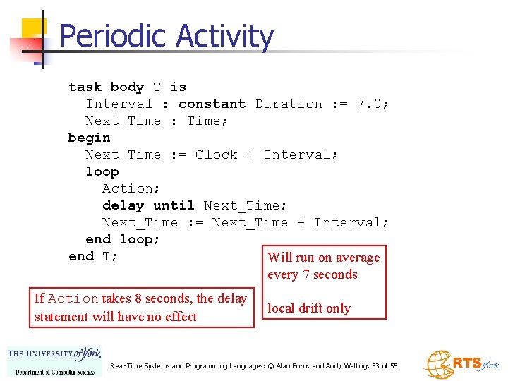 Periodic Activity task body T is Interval : constant Duration : = 7. 0;