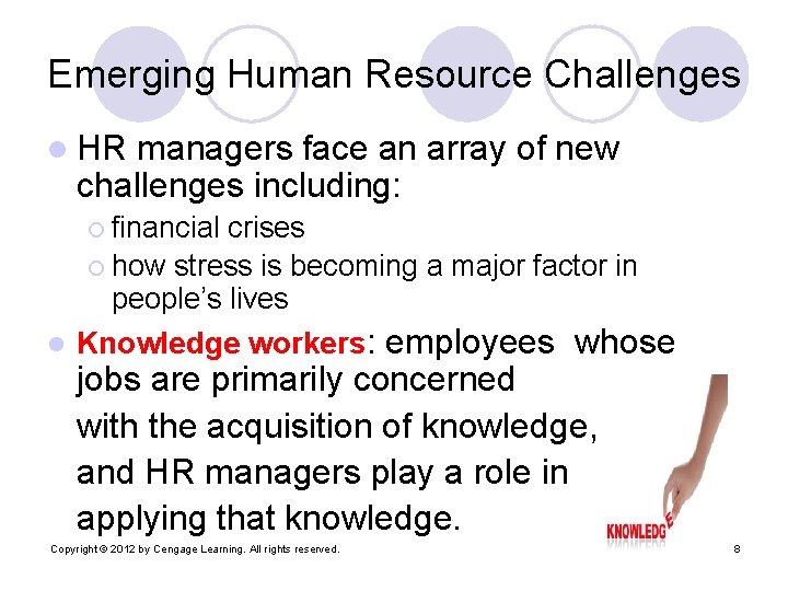 Emerging Human Resource Challenges l HR managers face an array of new challenges including: