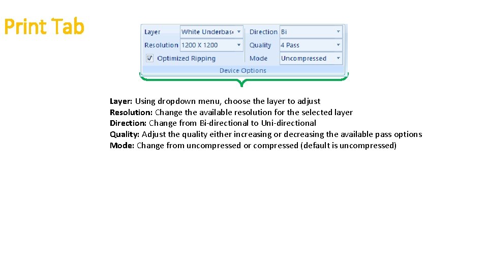 Print Tab Layer: Using dropdown menu, choose the layer to adjust Resolution: Change the Print Tab Layer: Using dropdown menu, choose the layer to adjust Resolution: Change the