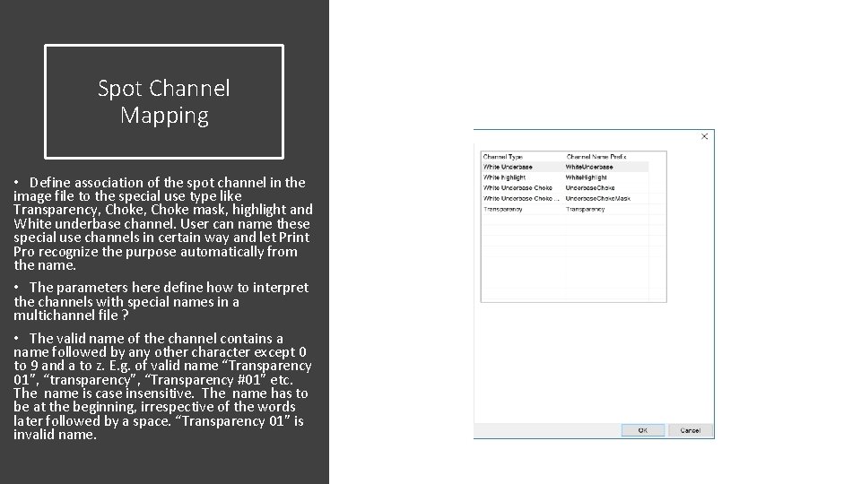 Spot Channel Mapping • Define association of the spot channel in the image file Spot Channel Mapping • Define association of the spot channel in the image file