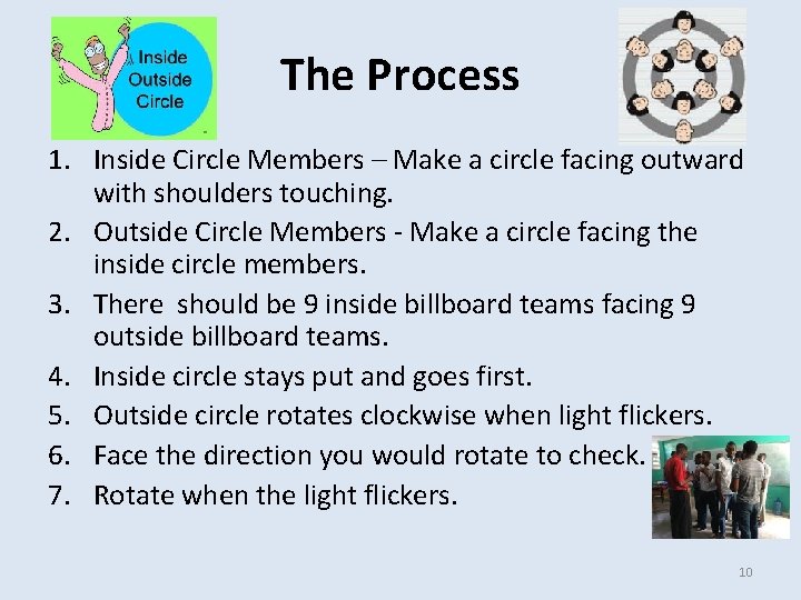 The Process 1. Inside Circle Members – Make a circle facing outward with shoulders