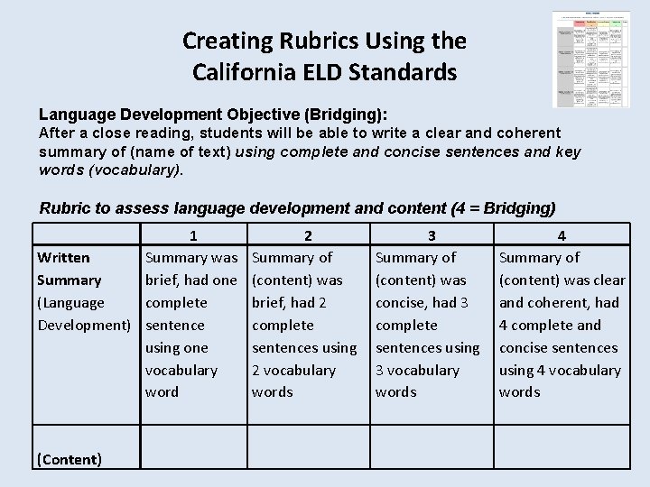 Creating Rubrics Using the California ELD Standards Language Development Objective (Bridging): After a close