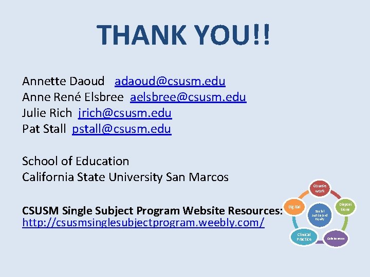 THANK YOU!! Annette Daoud adaoud@csusm. edu Anne René Elsbree aelsbree@csusm. edu Julie Rich jrich@csusm.